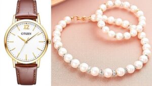 結婚式にも!高見えレザーバンドの女性用クォーツウォッチにパール&ジュエリーセットが付いたお得セット